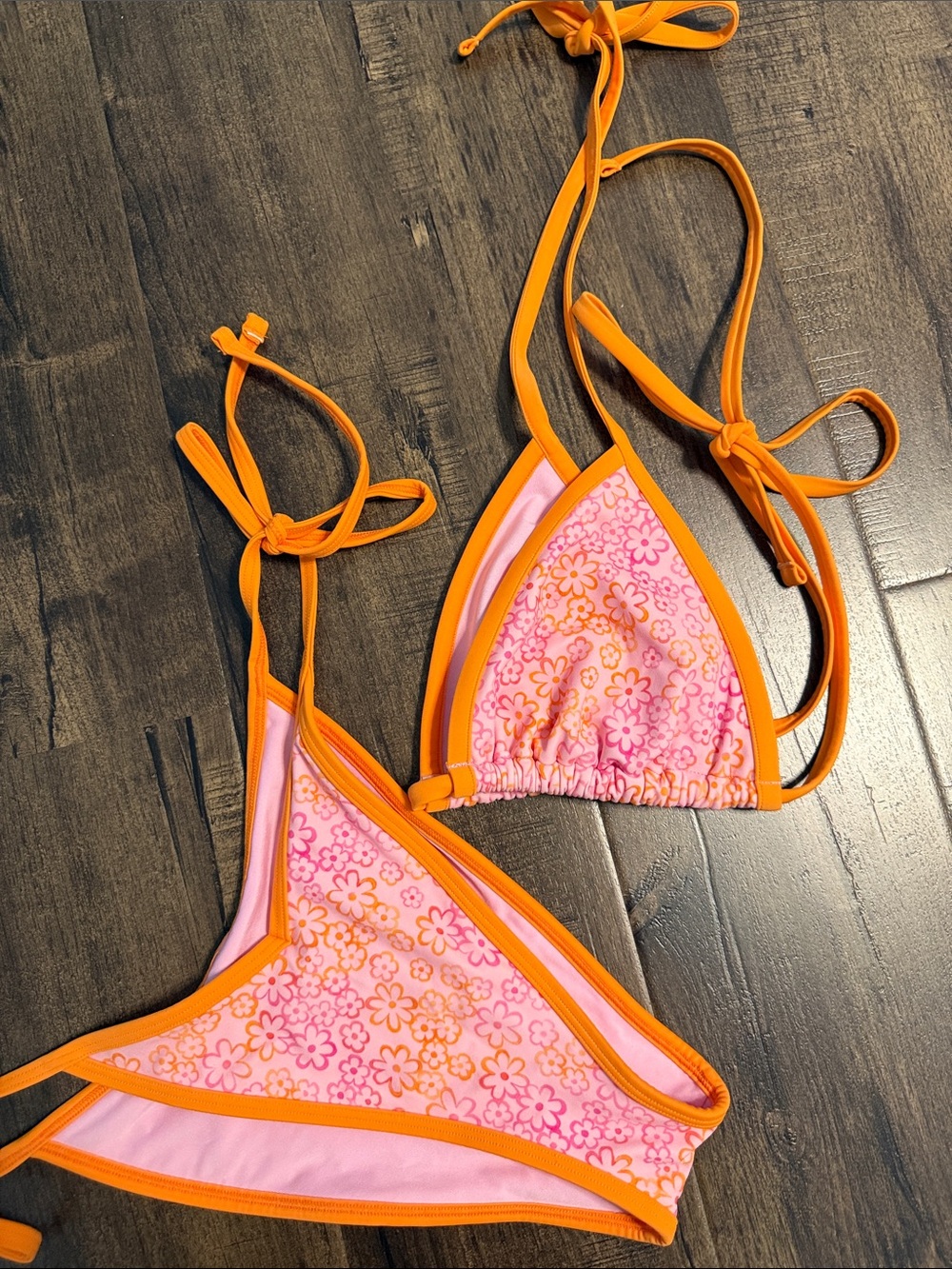 Pink by Frankie's Bikinis Floral Triangle Bikini with Orange Trim and Ties - Picture 2 of 4